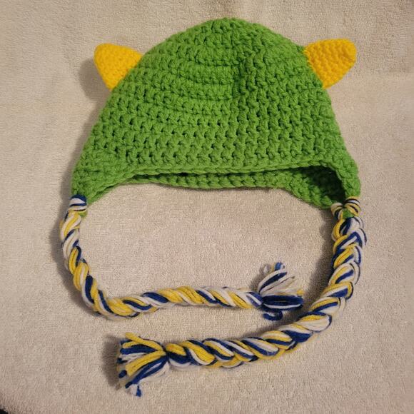 Knit Monster Hat / Green One Eyed Monster Hat with Yellow Horns with Tassels - Picture 2 of 2